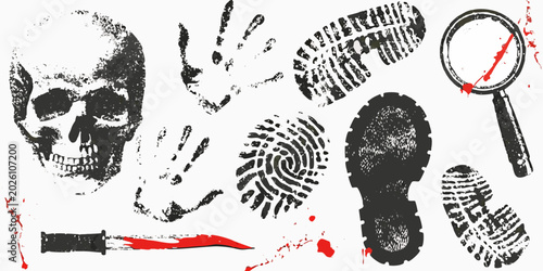 Fotografía forensic evidence collage with skull fingerprints and blood splatters
