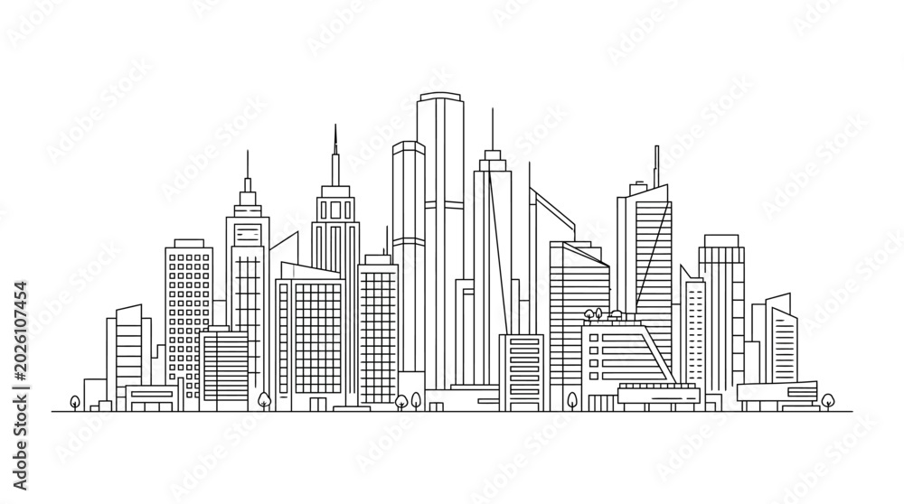Obraz premium Black and white hand drawn sketch of a modern city skyline.