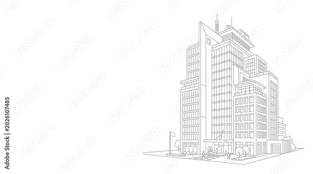 Fototapeta premium Architectural sketch drawing of a modern office skyscraper building.