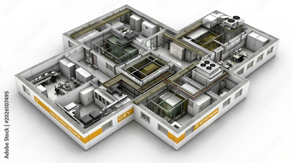 Fototapeta premium Aerial view of a modern industrial facility layout featuring multiple interconnected sections with equipment, offices, and ventilation systems designed for efficient workflow