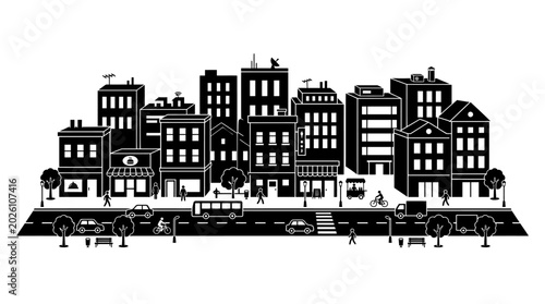 Картината върху платно Black and white cityscape silhouette with buildings and city street life