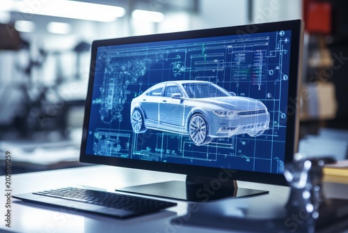Computer monitor showing 3d wireframe car model and engineering blueprints