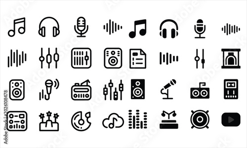 Music and audio icons set with microphone, headphones, speaker isolated