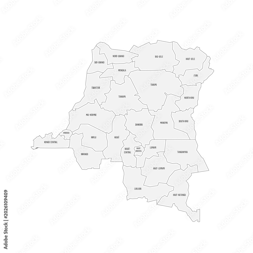 Fototapeta premium Democratic Republic of the Congo political map of administrative divisions - provinces. Grey handdrawn doodle style map with black outline borders and name labels.