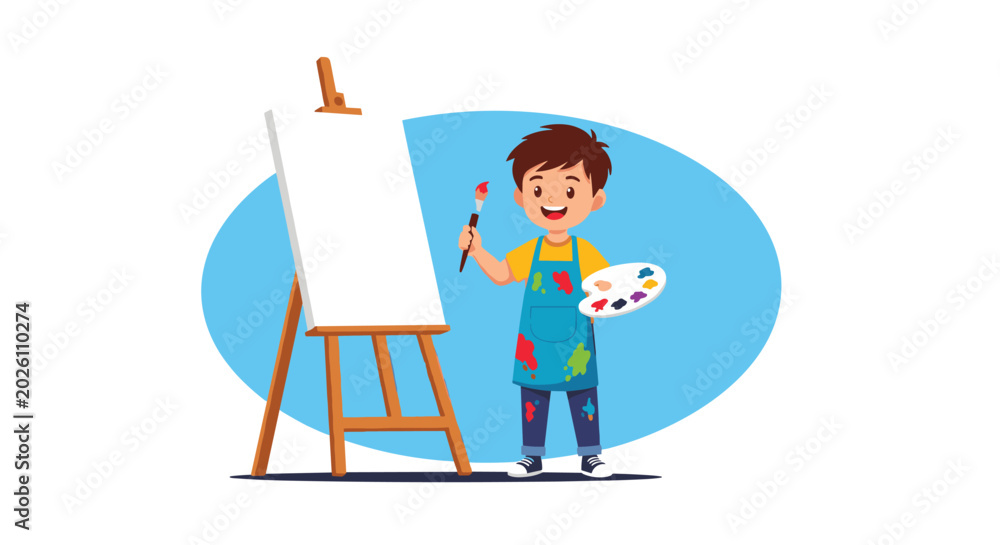 Fototapeta premium Creative young boy wearing a paint-splattered apron holding a palette and brush in front of a blank canvas easel.