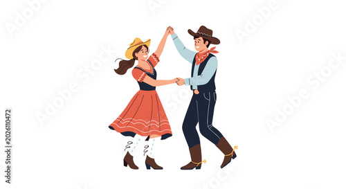 Energetic cowboy and cowgirl in traditional western outfits holding hands and dancing together with joy on a plain white background.
