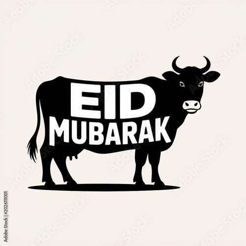 Black silhouette of a cow featuring the text eid mubarak for a festive religious celebration