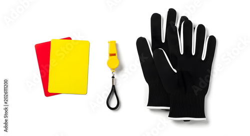 A referee's equipment including cards, whistle, and gloves on a white background