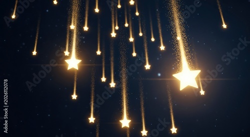 Magical Falling Golden Stars with Glitter Trails on Dark Background, Shooting Stars Meteor Shower Illustration