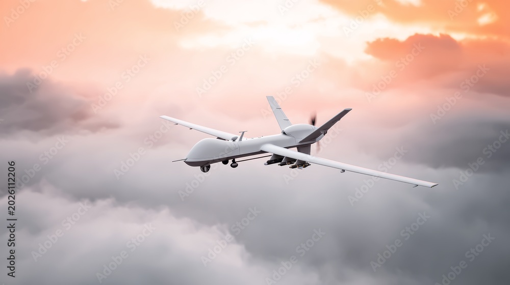 Fototapeta premium Military drone flying above reddish clouds as sun breaks through, unmanned aerial vehicle conducting surveillance