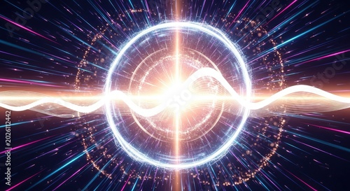 Futuristic sci-fi energy portal with glowing concentric rings and high-speed light beams in deep space