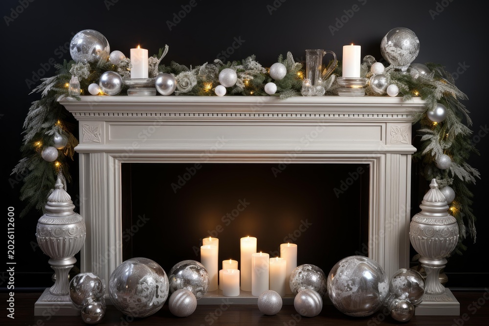 Fototapeta premium Fireplace mantel decorated with festive garland, silver ornaments, and glowing candles for christmas