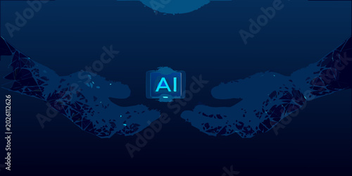 Tableau sur toile artificial intelligence symbol with polygonal hands blue tone
