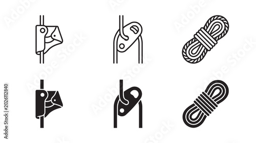 Rock climbing safety gear icons with ascender belay device coiled rope climbing ascender equipment