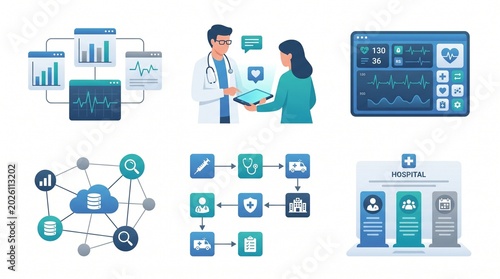 Collection of illustrations depicting digital healthcare, medical data management, patient monitoring, and integrated hospital systems.