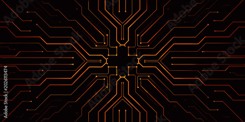Schilderij op canvas circuit board pattern symmetrical orange lines on black background