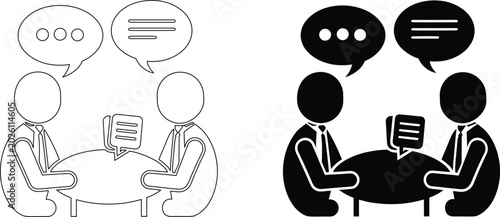 Two people talking at a table with speech bubbles vector black and white illustration.