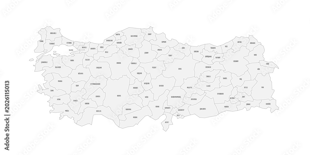 Obraz premium Turkey political map of administrative divisions - provinces. Grey handdrawn doodle style map with black outline borders and name labels.