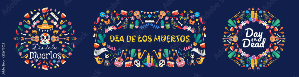 Fototapeta premium Vibrant dia de los muertos symbols with skulls and musical instruments
