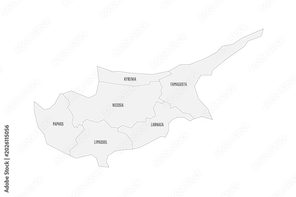 Fototapeta premium Cyprus political map of administrative divisions - districts. Grey handdrawn doodle style map with black outline borders and name labels.