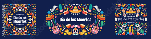 Fotografía Dia de los muertos celebration design with colorful skulls and traditional eleme