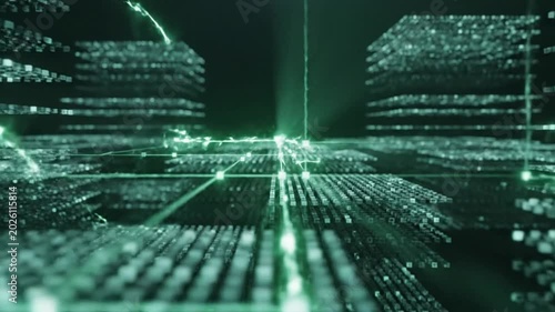 Glowing green light particles moving across a digital grid of data blocks representing modern cloud computing and network infrastructure