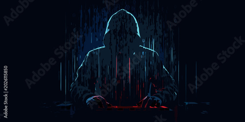 Schilderij op canvas hooded figure silhouette at computer with digital code background