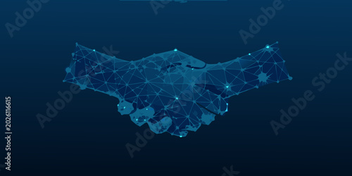 Photos handshake formed from polygonal lines and dots blue tone
