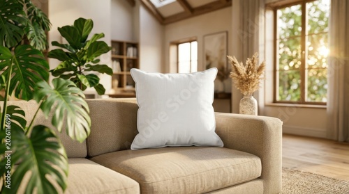 Cozy living room with sofa large green plant pampas grass sunlight streaming through window