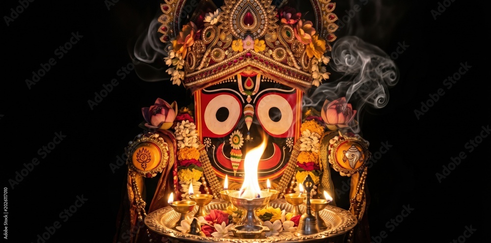Obraz premium Lord Jagannath Maha Aarti Portrait – Sacred Camphor Flame Glow