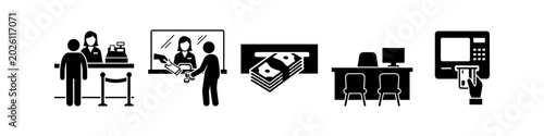 Bild auf Leinwand Banking and financial services icon set featuring a bank teller, ATM cash withdrawal, office desk consultation, and credit card transaction