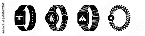Quadro su tela Set of vector icons for wearable insect repellent bands and bracelets, featuring different styles like silicone, links, braided, and spiral with various bug symbols on a white background