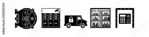 Cuadro en lienzo Professional bank security icon set featuring vault door, deposit boxes, armored van, gold bars in cage, and biometric access control