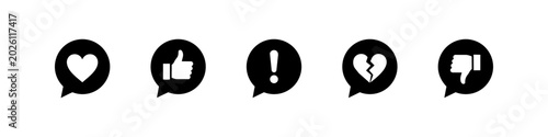 Tableau sur toile Minimalist set of black social media reaction icons in speech bubbles featuring heart, like, alert, broken heart, and dislike symbols