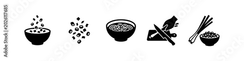 Fotografía Vector icon set showing green onion preparation: bunch of scallions, hands chopping on a board, and garnishing a bowl of noodle soup
