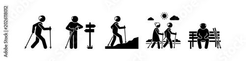 Obraz na płótnie Set of minimalist pictograms depicting seniors engaged in Nordic walking activities, including uphill hiking, checking routes, walking as a couple, and resting on a bench
