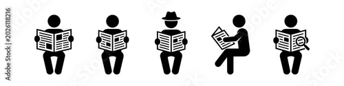 Quadro su tela Set of minimalist stick figure icons showing people reading newspapers in various poses, including variations with a hat and magnifying glass