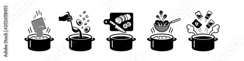 Foto Vector icon set showing five steps to cook ramen: boiling noodles, adding toppings, slicing ingredients, straining greens, and seasoning