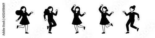 Foto A set of minimalist flat vector silhouettes depicting five women in various dancing and jumping poses, expressing joy, movement, and celebration