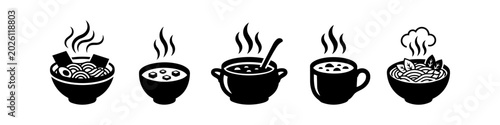 Tableau sur toile Collection of minimalist black and white soup icons featuring ramen, noodles, broth, and stew in bowls and mugs with steam