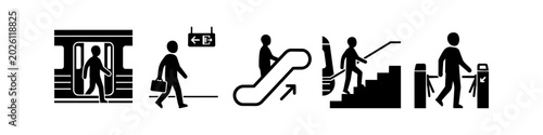Billede på lærred Silhouette icon set illustrating steps of a subway commute: exiting a train, walking, using an escalator, climbing stairs, and passing through a turnstile