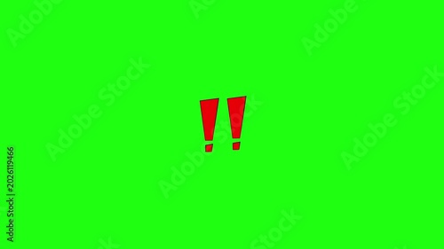 Two red exclamation marks popping up and vibrating on green screen background. Attention and warning concept sign