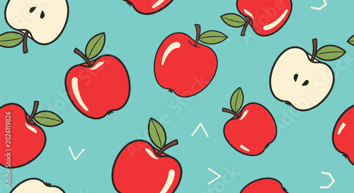 Vibrant seamless pattern featuring whole red apples and apple halves with seeds on a light blue background for food and health themes.