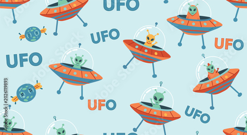 Fun seamless pattern for kids featuring retro flying saucers with little green aliens and space themed elements on a light blue background.