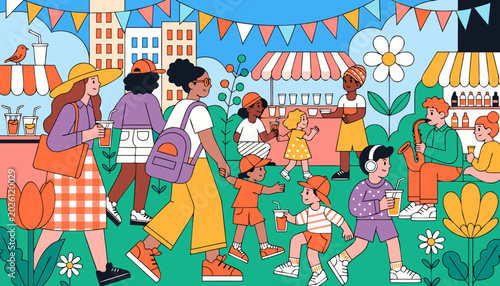 Colorful illustration of multicultural spring festival with diverse people enjoying food, drinks, and activities in a vibrant outdoor market setting
