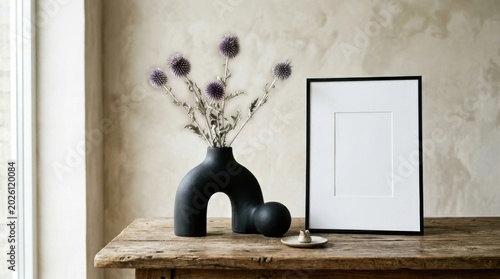 Modern black vase with dried thistles and a blank framed picture on a wooden table, thistles