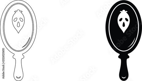 Foto Magic mirror with spooky face reflection for halloween themed vector graphic element