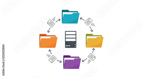 Cuadro en lienzo A digital illustration showing data folders circulating around a central server