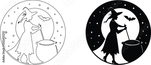Cuadro en lienzo Witch stirring potion in cauldron with bats and full moon halloween circular artwork