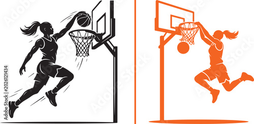 Fotografie Minimalist vector graphic showing a black female basketball player mid-dunk on the left, separated by a vertical orange line from an orange player hanging on the rim after a dunk on the right